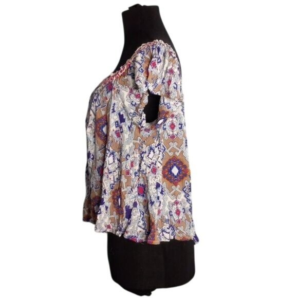 Patrons Of Peace XS Crop Top Boho Peasant Colorful Geometric Crinkle Broomstick - Picture 2 of 8